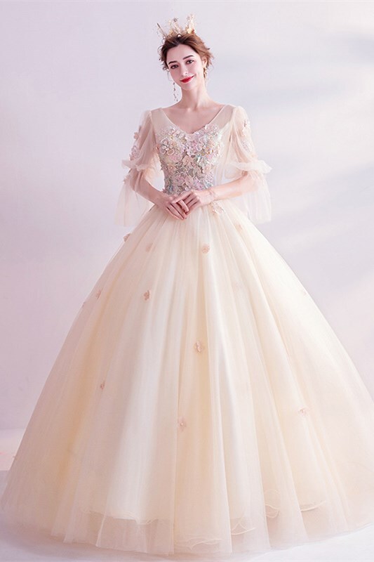 Light Champagne Floral Lace Appliques Tulle Long Ball Gown 