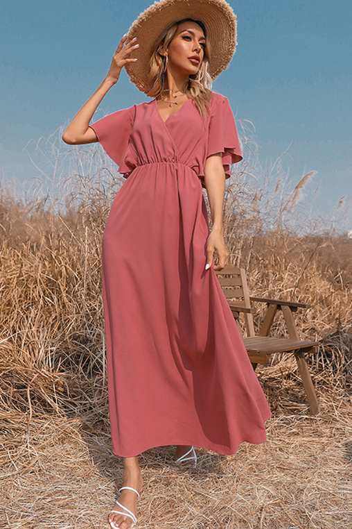 Flutter Sleeves Rose Chiffon Long Dress