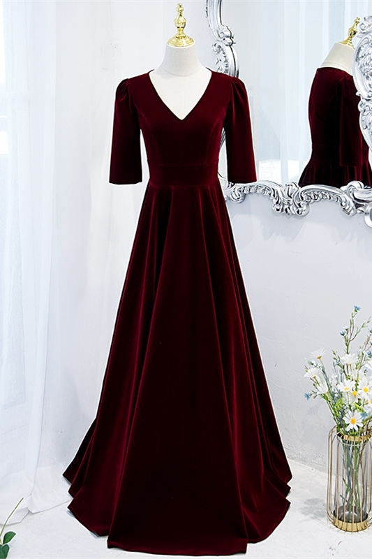 Burgundy Velvet A-line V Neck Long Evening Dress