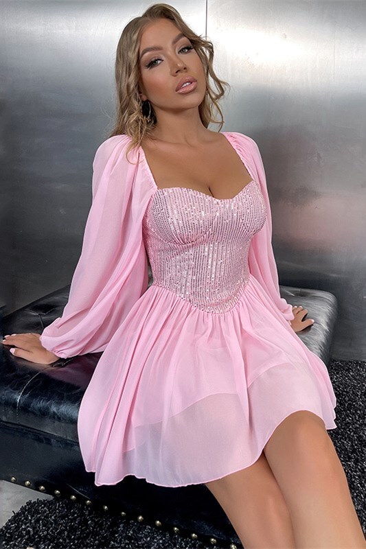 Princess Pink A-line Short Dress with Long Sleeves