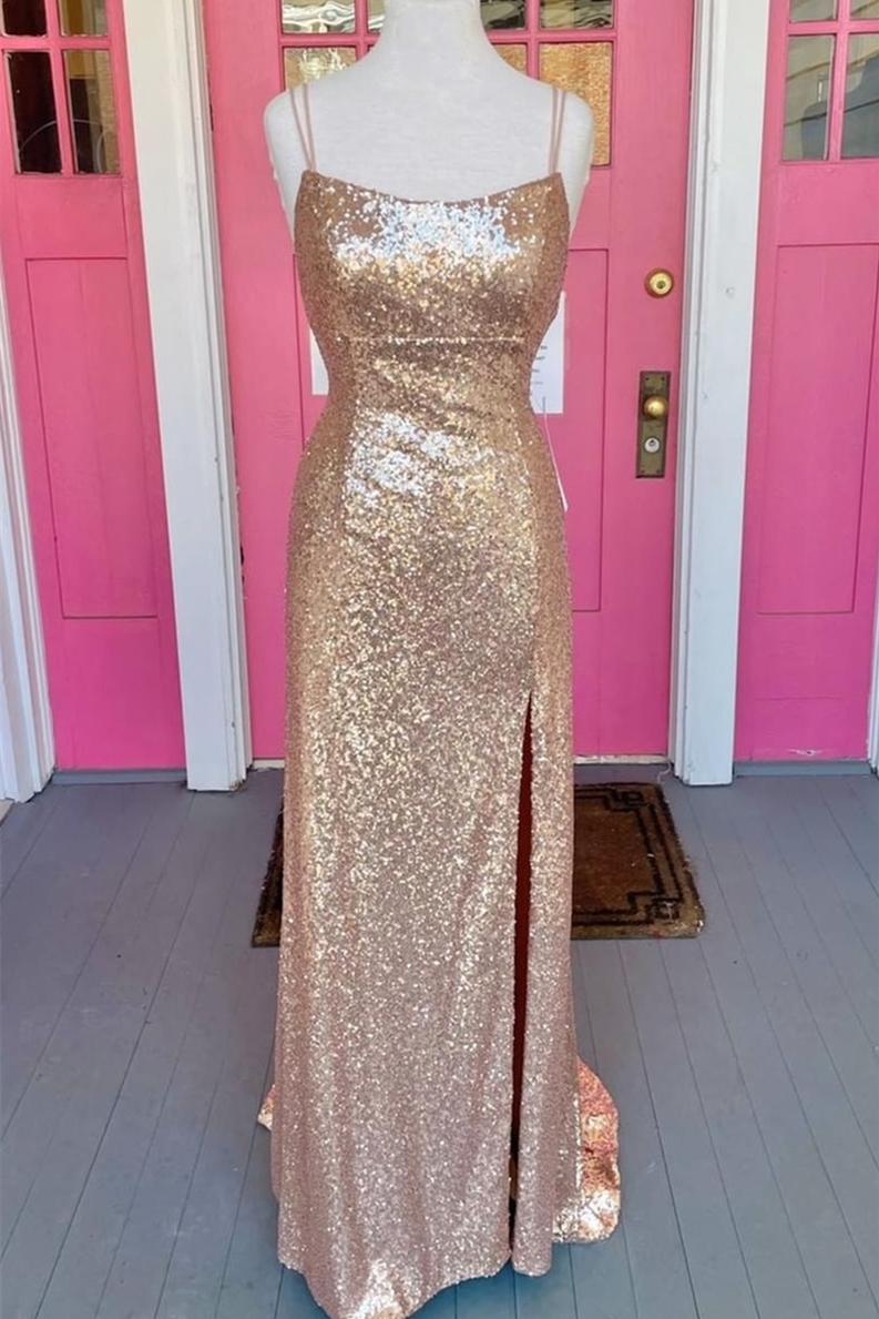 Champagne Sequin Mermaid Long Formal Dress with Slit
