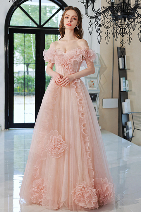 Floral Pink A-line Off the Shoulder Long Formal Dress
