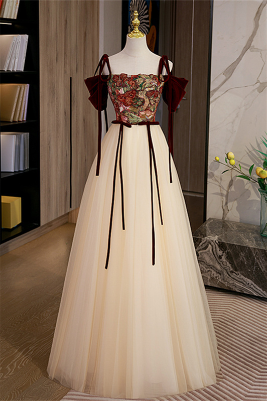 Elegant Off the Shoulder Burgundy Floral Long Formal Dress 