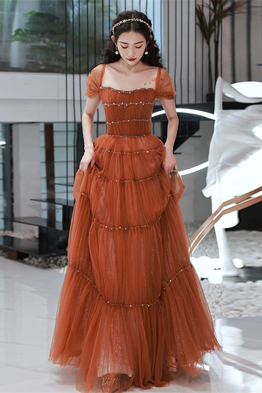 Princess Rust Beaded A-line Long Formal Dress