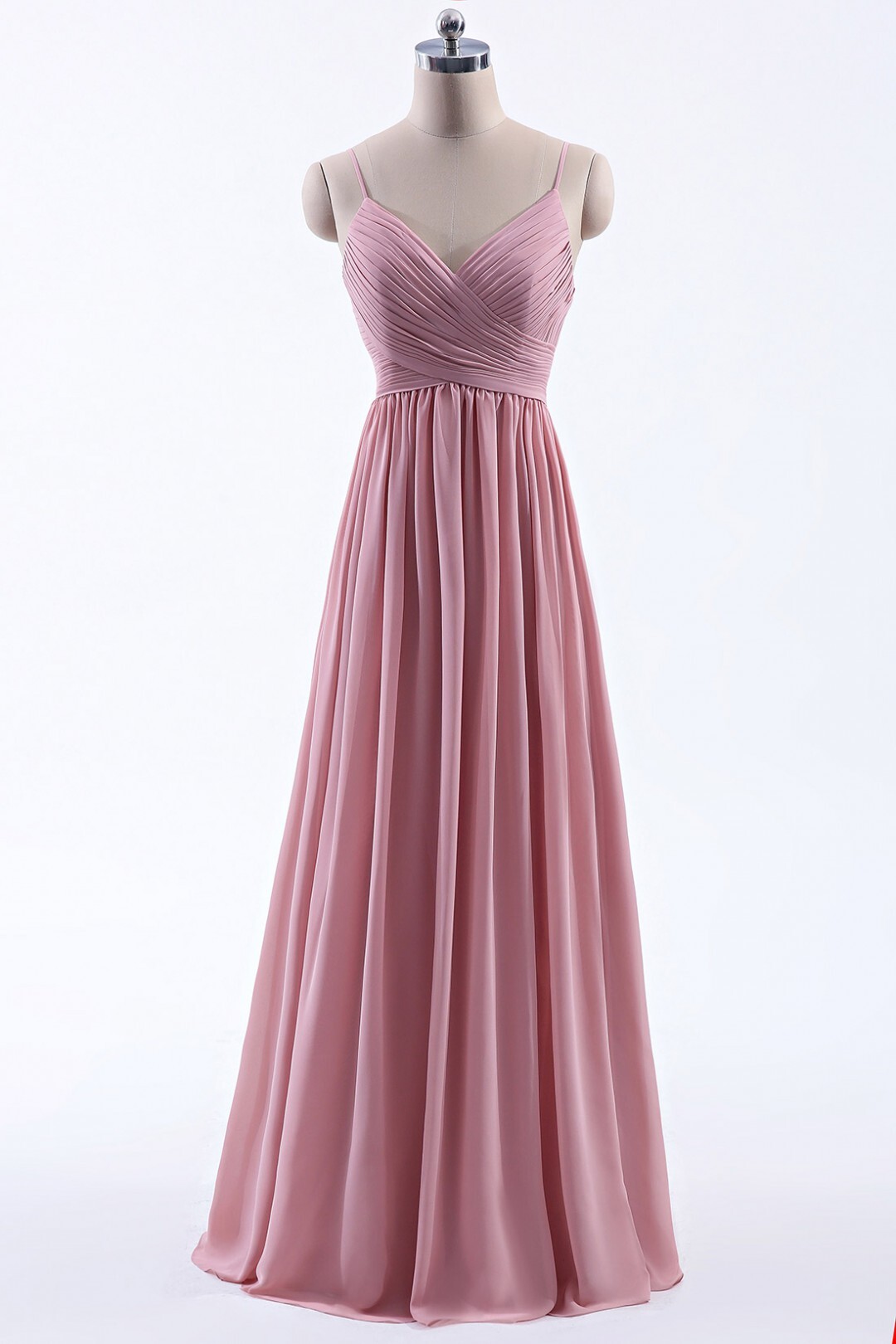 Blush Pink Straps Pleated A-line Long Bridesmaid Dress