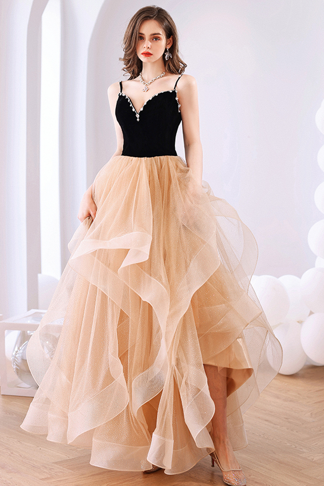 Princess Black Velvet and Champagne Tiered Ruffles A-line Long Formal Dress
