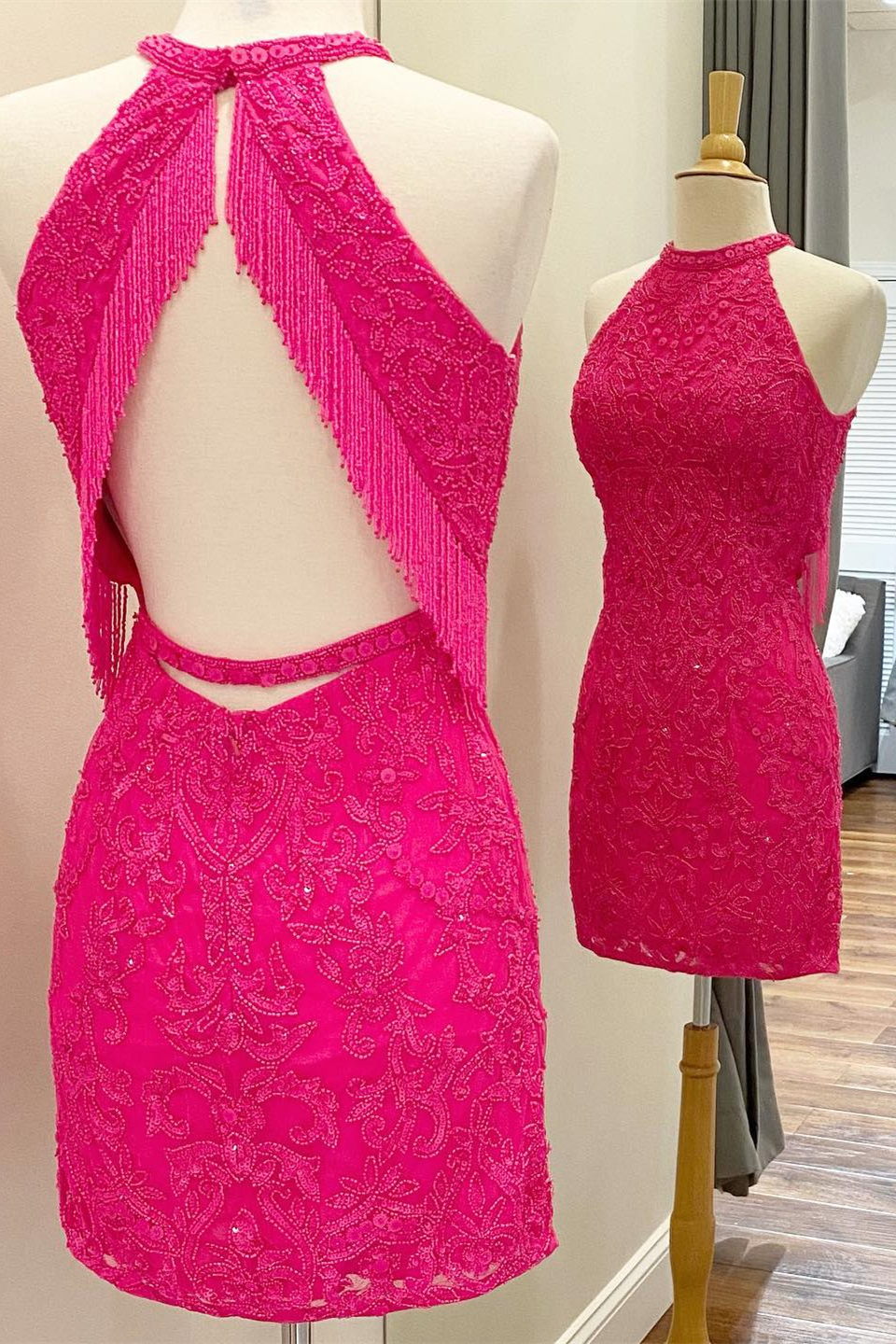 Gorgeous Hot Pink Beaded Tassel Bodycon Mini Party Dress