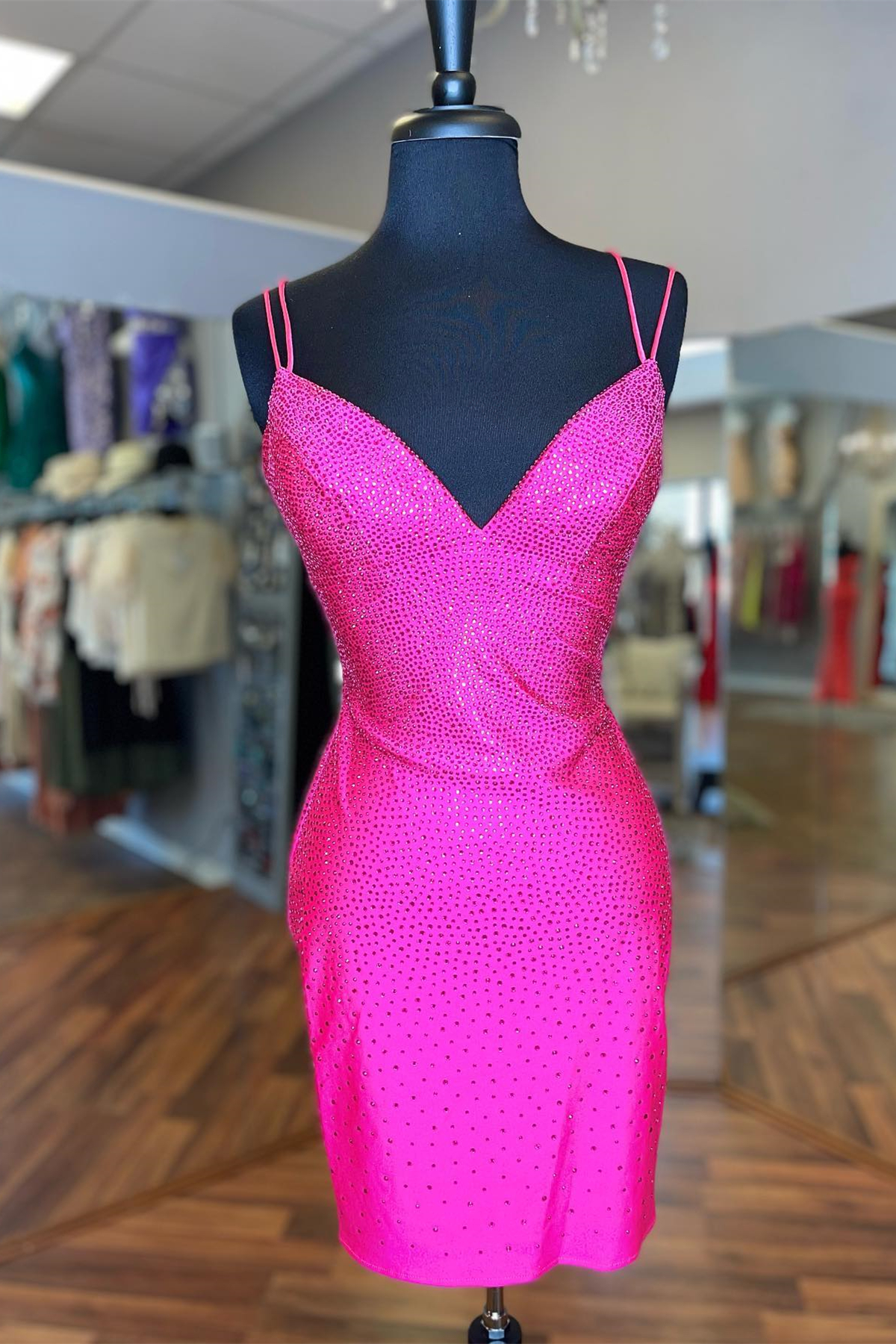 Handmade Beaded Hot Pink Straps Bodycon Mini Party Dress