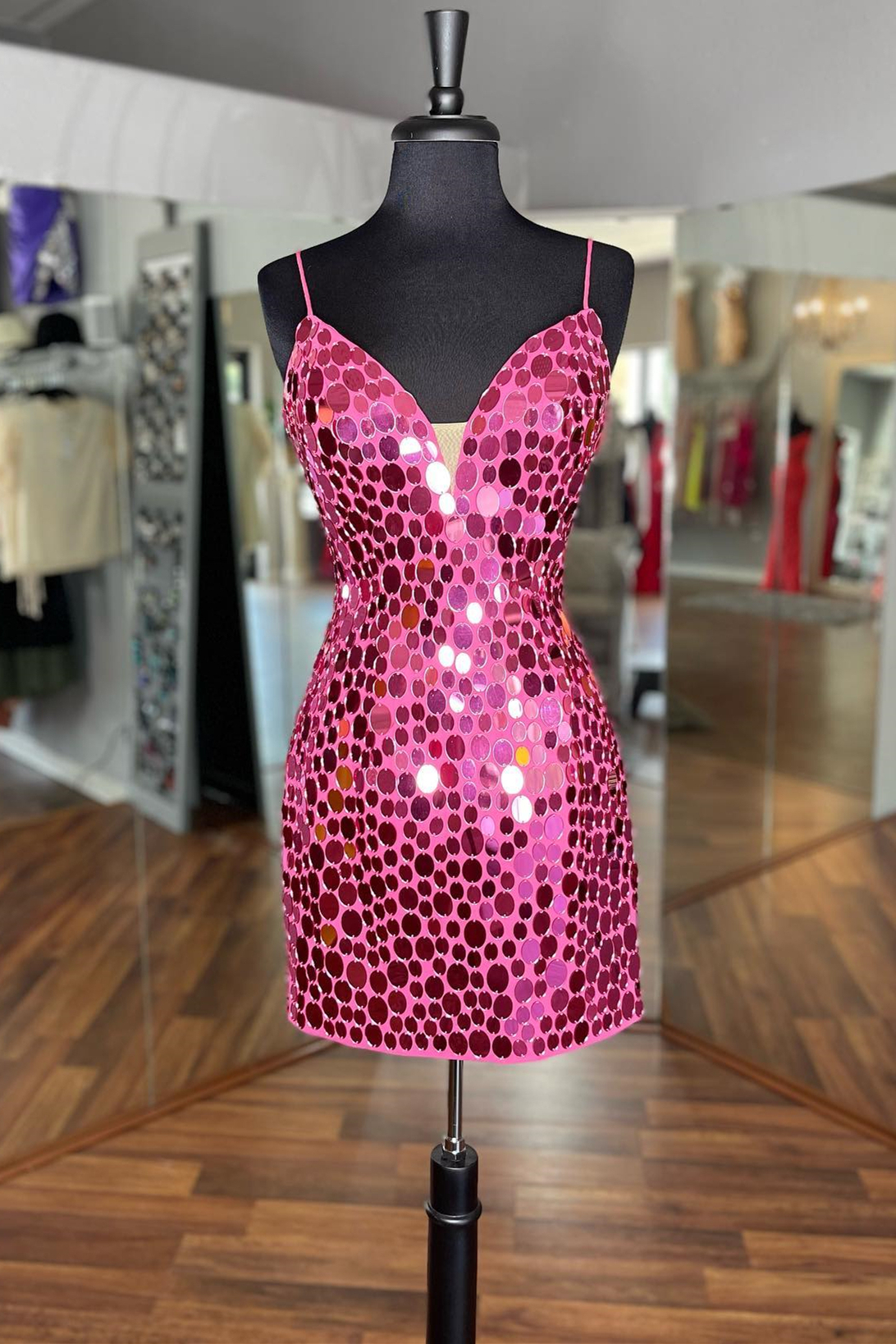 Straps Hot Pink Mirror Sequin Bodycon Mini Party Dress