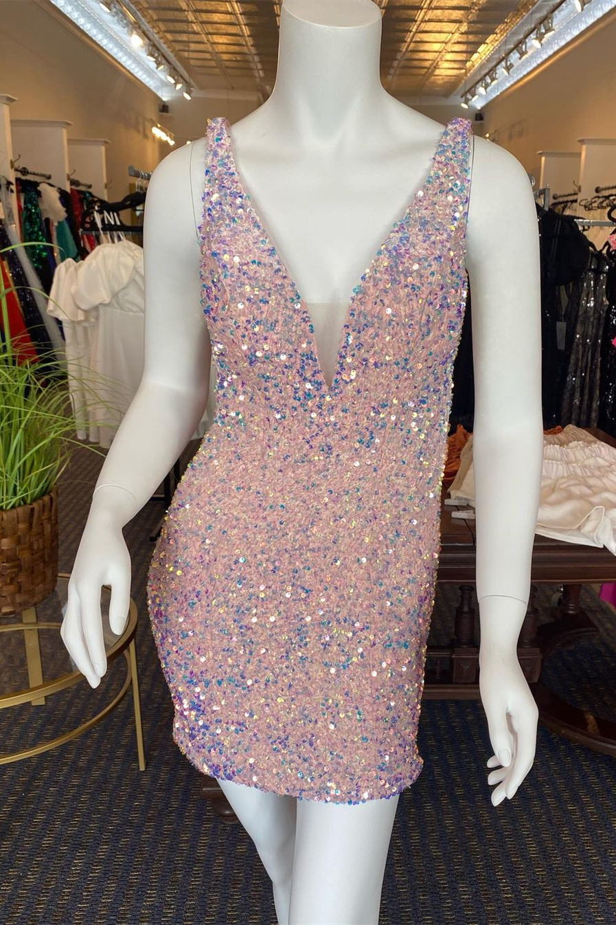 Stunning Pink Sequin V Neck Bodycon Mini Party Dress