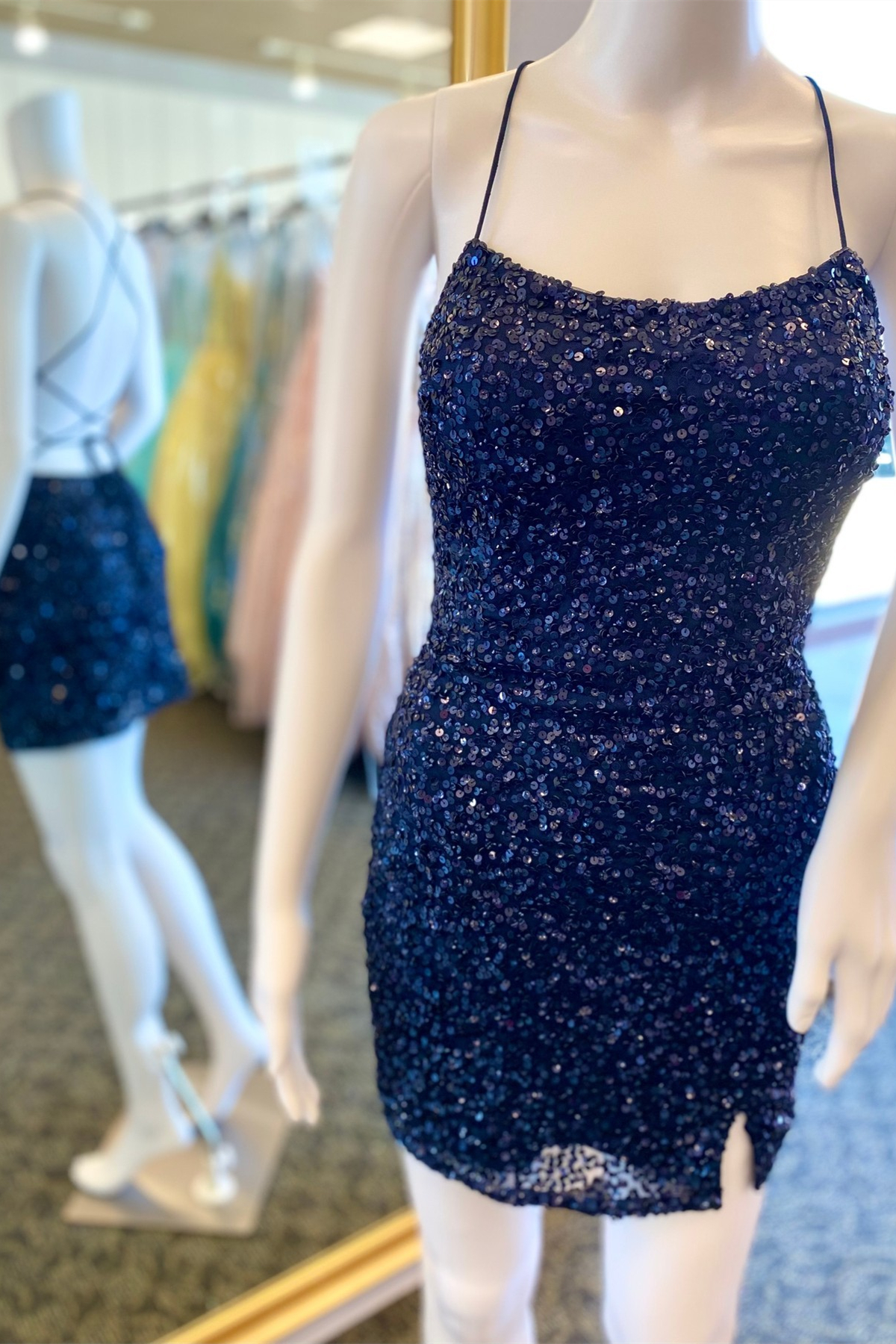Fitted Navy Blue Sequin Fitted Homecoming Dress