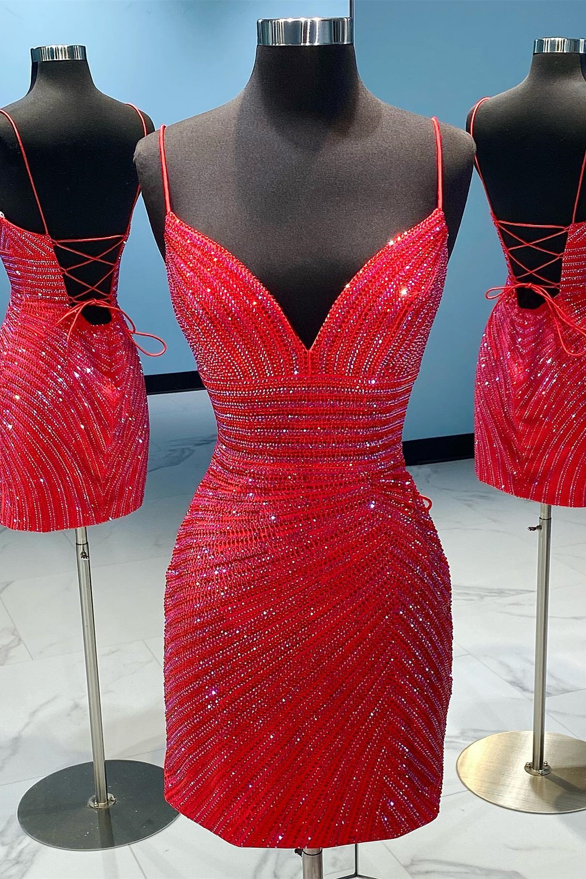 Elegant Red Beaded Straps Bodycon Mini Homecoming Dress