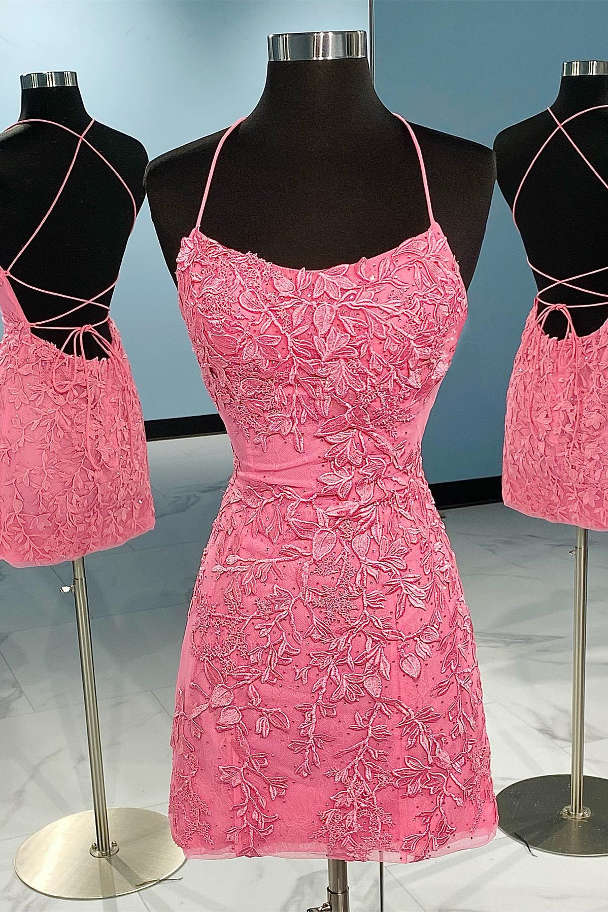Hot Pink Lace Appliques Fitted Short Homecoming Dress