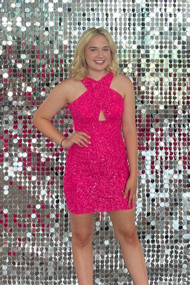 Hot Pink Sequin Cross Front Bodycon Mini Homecoming Dress