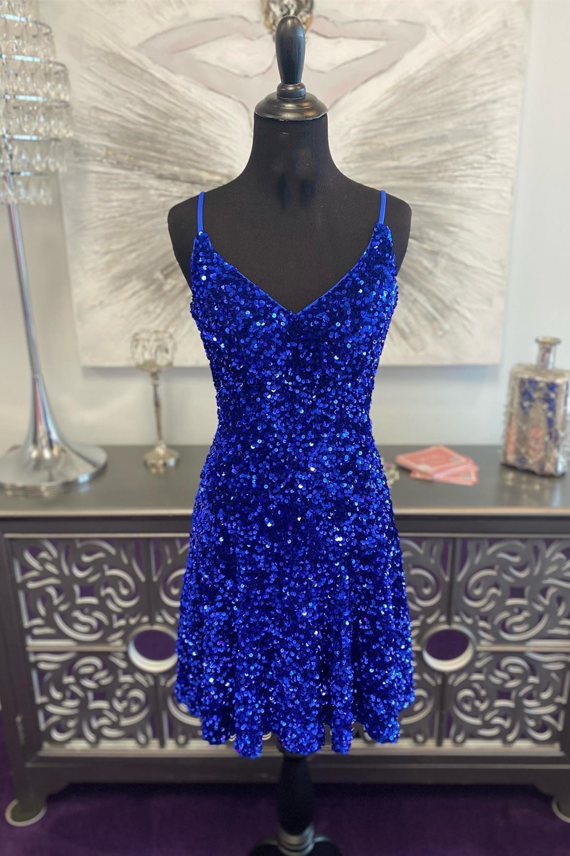 Royal Blue Sequin Straps A-line Short Homecoming Dress