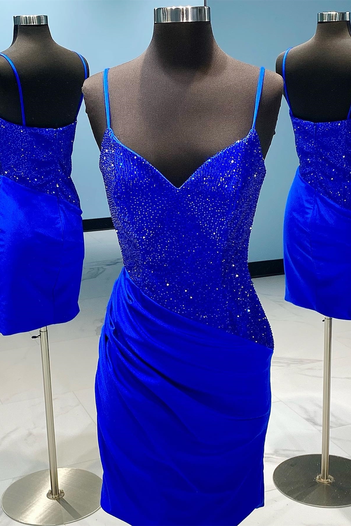 Royal Blue Beaded Ruched Bodycon Mini Party Dress
