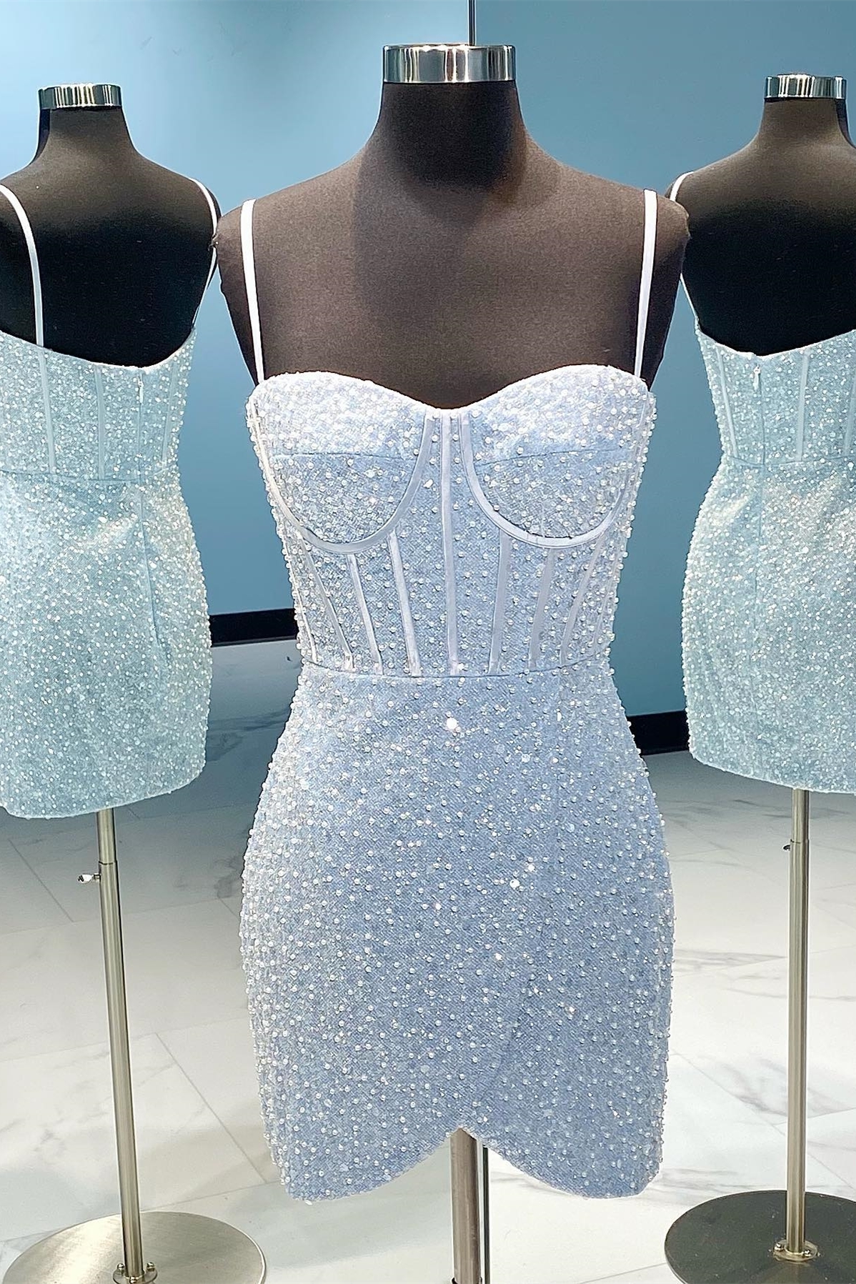 Spaghetti Straps Light Sky Blue Sequin Bodycon Mini Party Dress