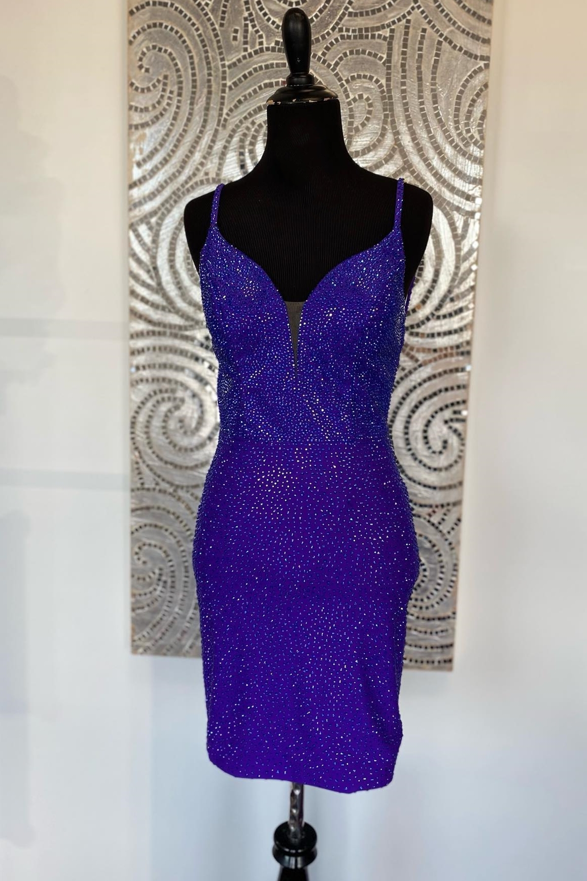 Beaded Purple Straps Bodycon Mini Party Dress with Open Back