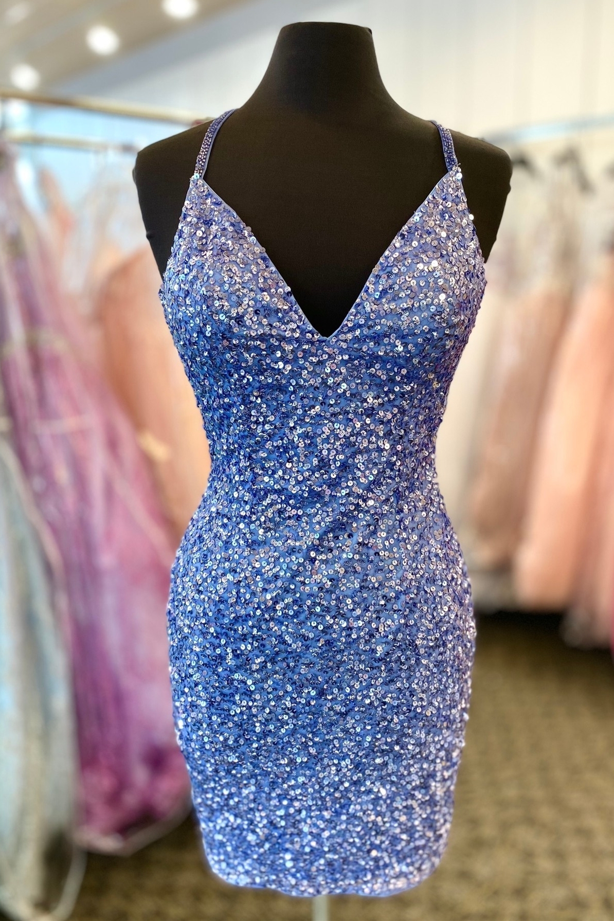 Glitters Blue Sequin Straps Bodycon Mini Homecoming Dress