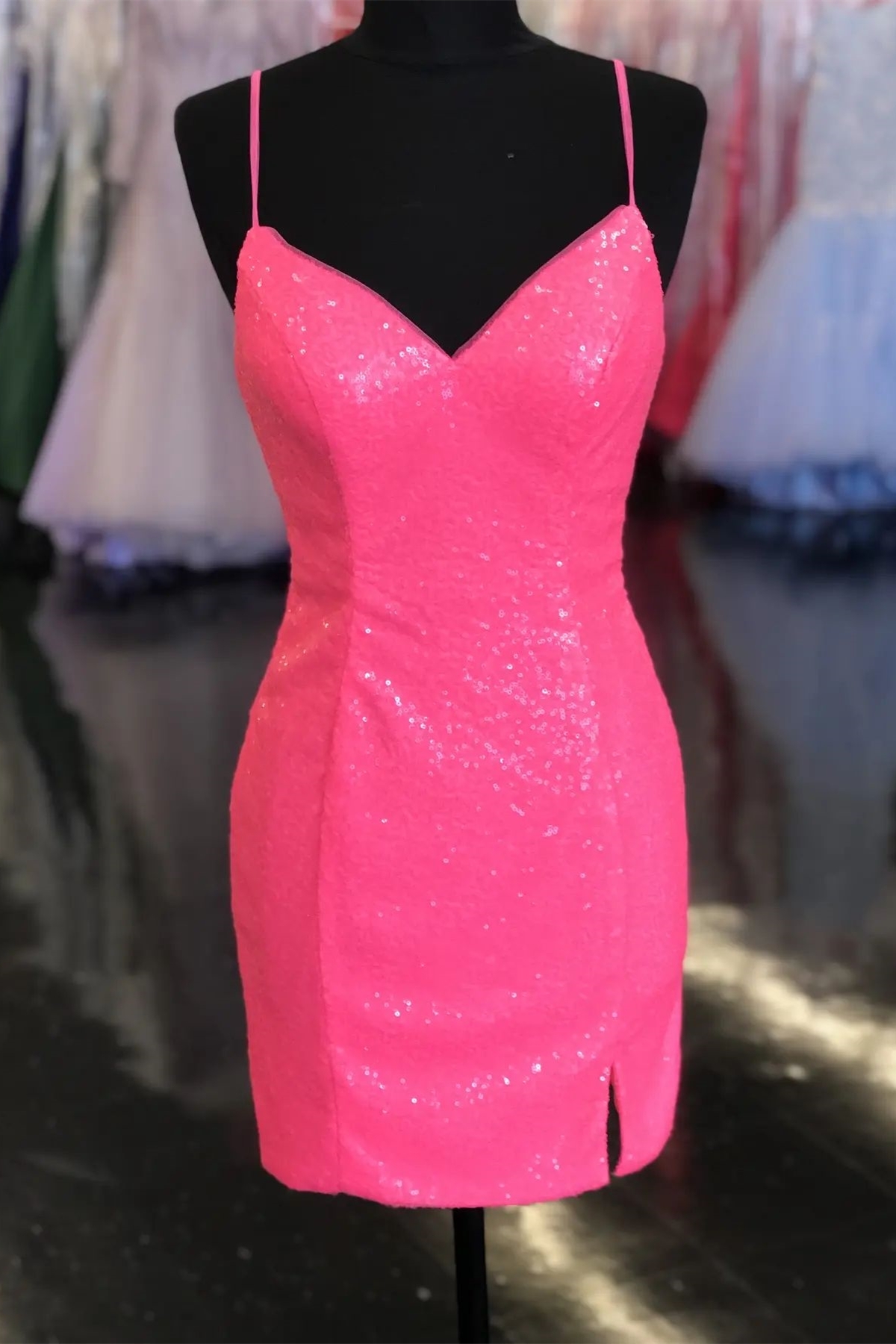 Stunning Hot Pink Sequin Straps Fitted Short Homecoming Dress 