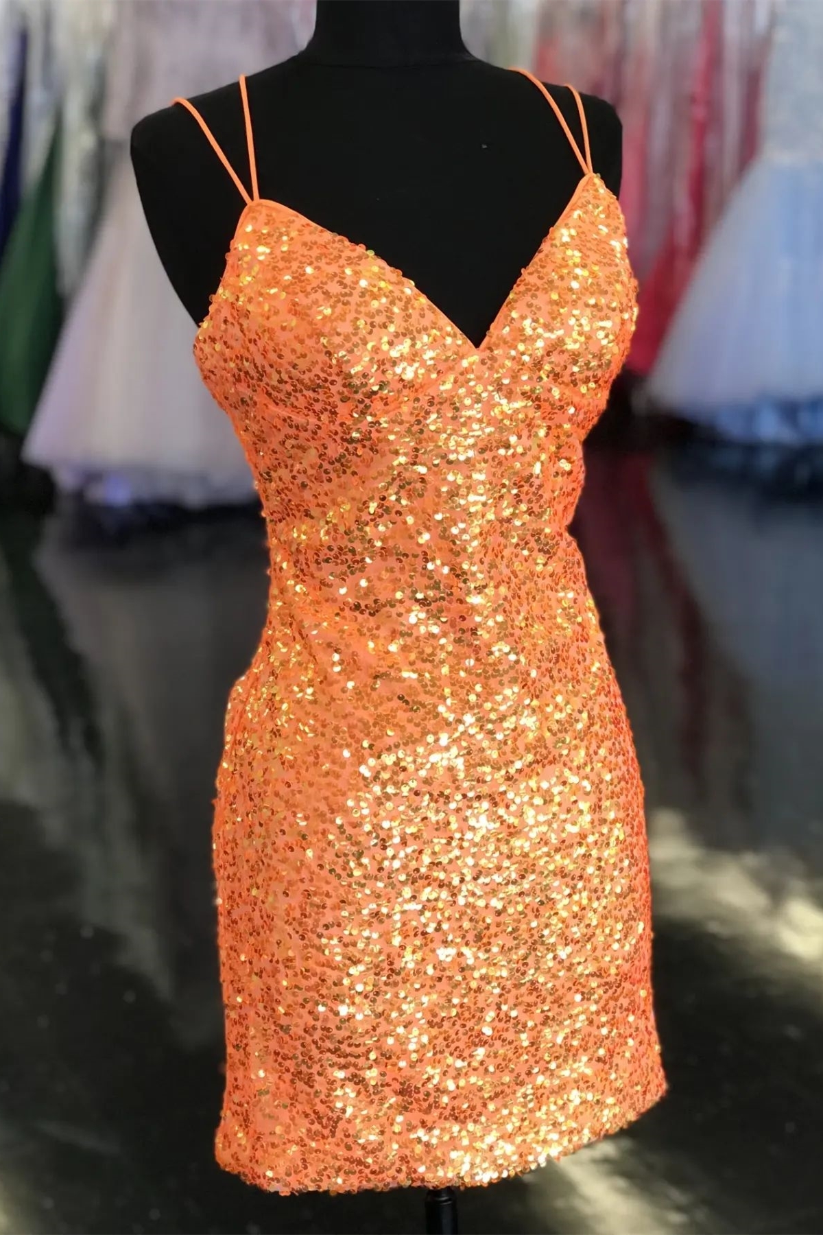 Glitters Orange Sequin Fitted Mini Party Dress with Double Straps