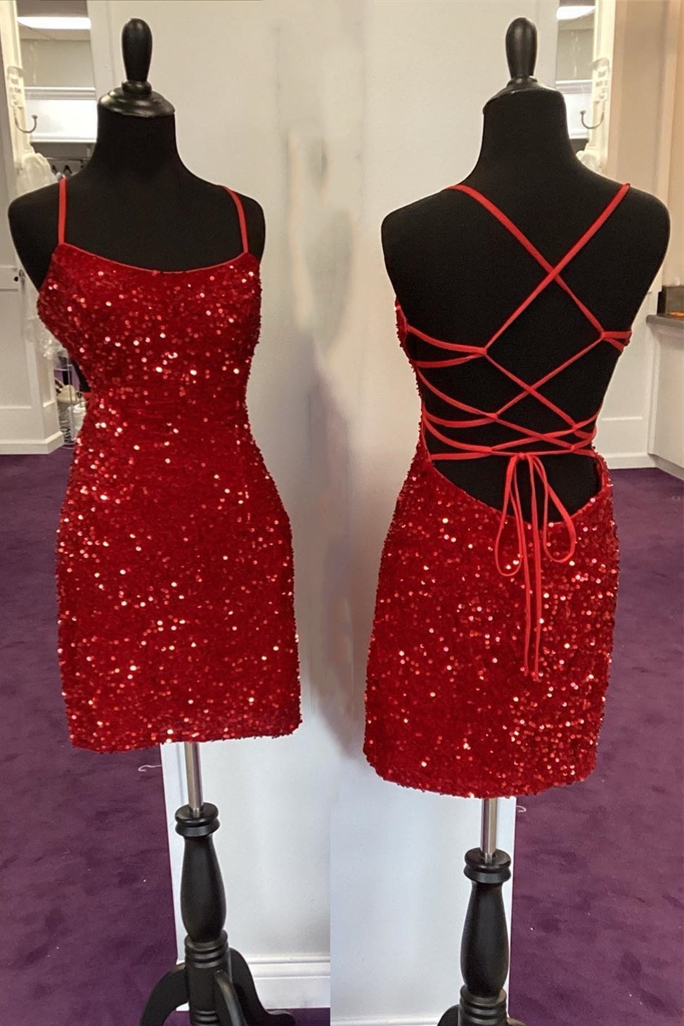 Spaghetti Straps Red Sequin Fitted Homecoming Dress 