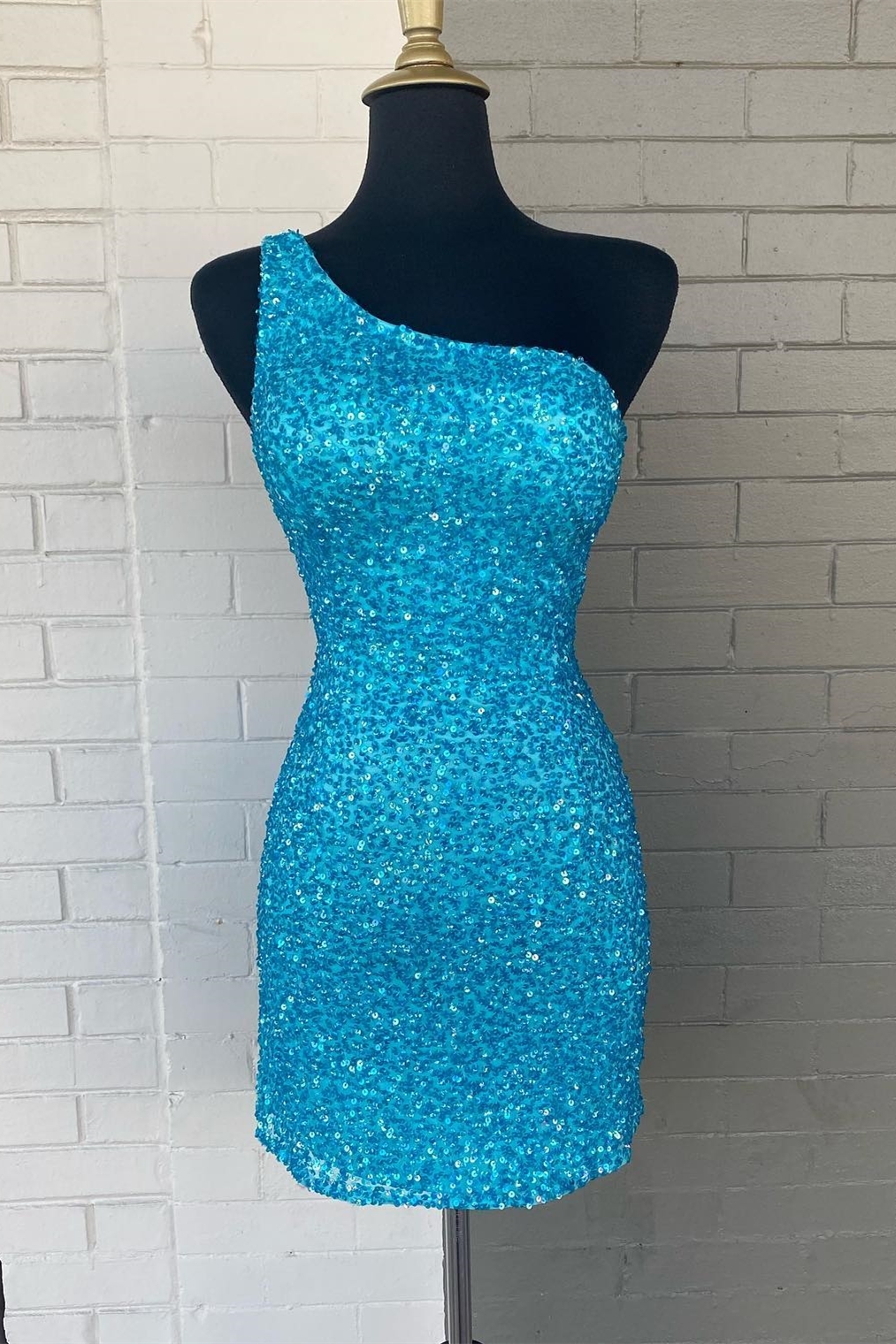Glitters Blue Sequin One Shoulder Bodycon Mini Homecoming Dress