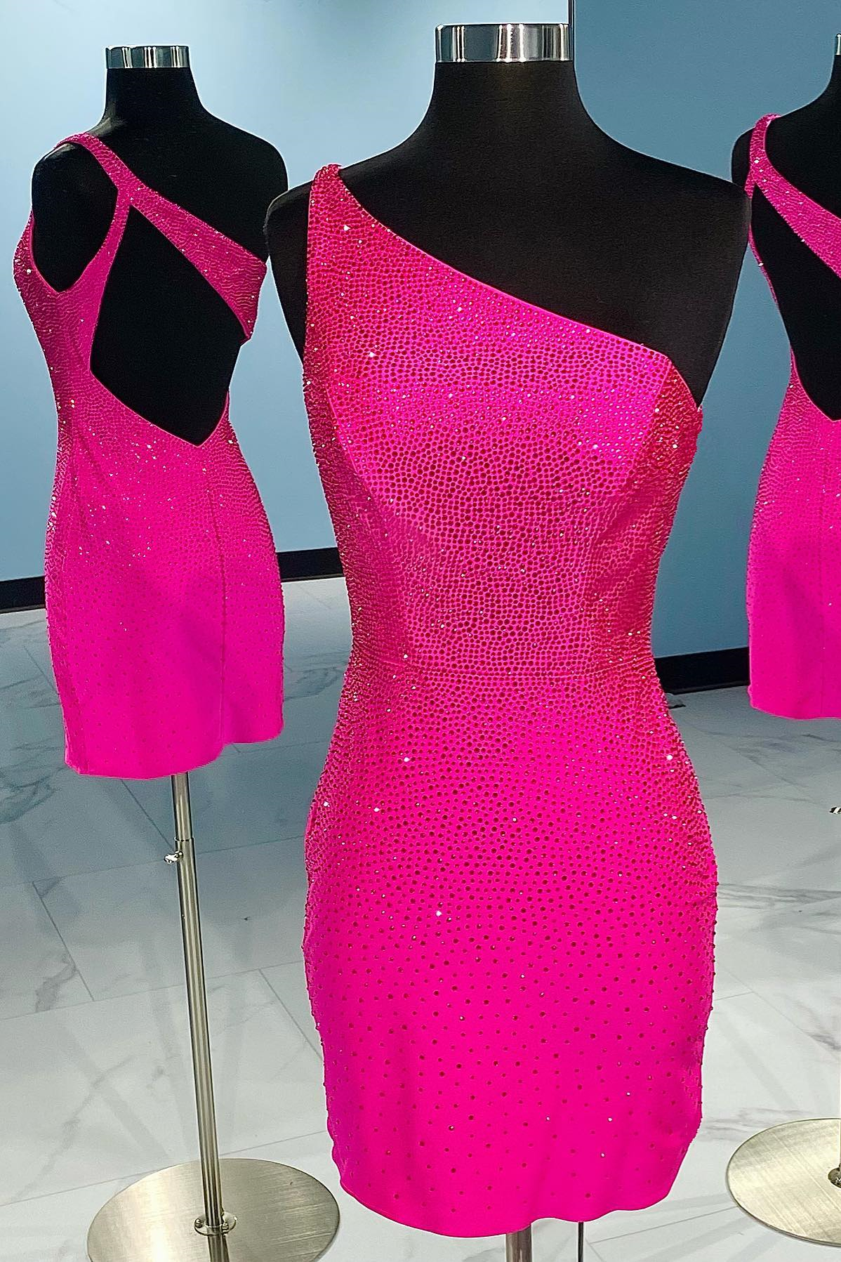 Beaded Hot Pink One Shoulder Bodycon Mini Party Dress