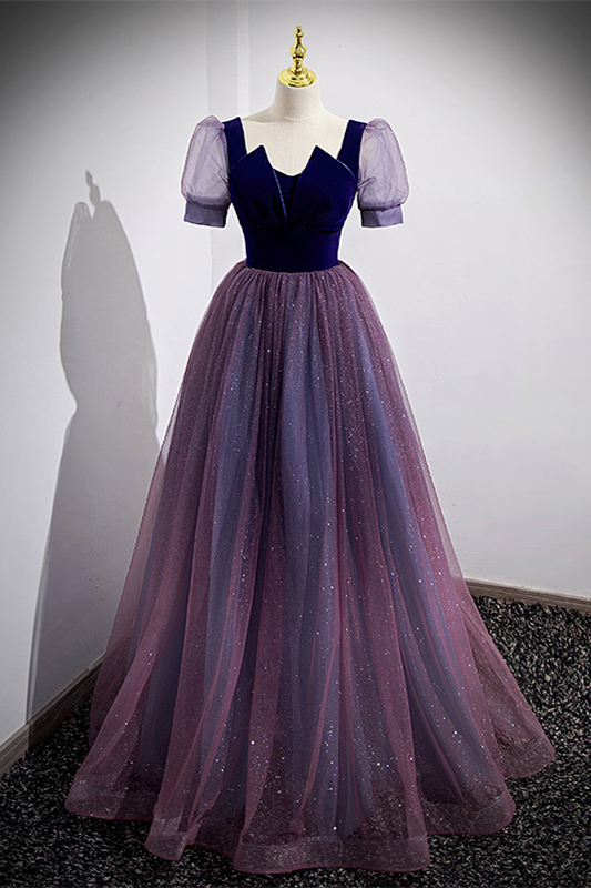 Short Sleeves Purple and Navy Long Formal Dress