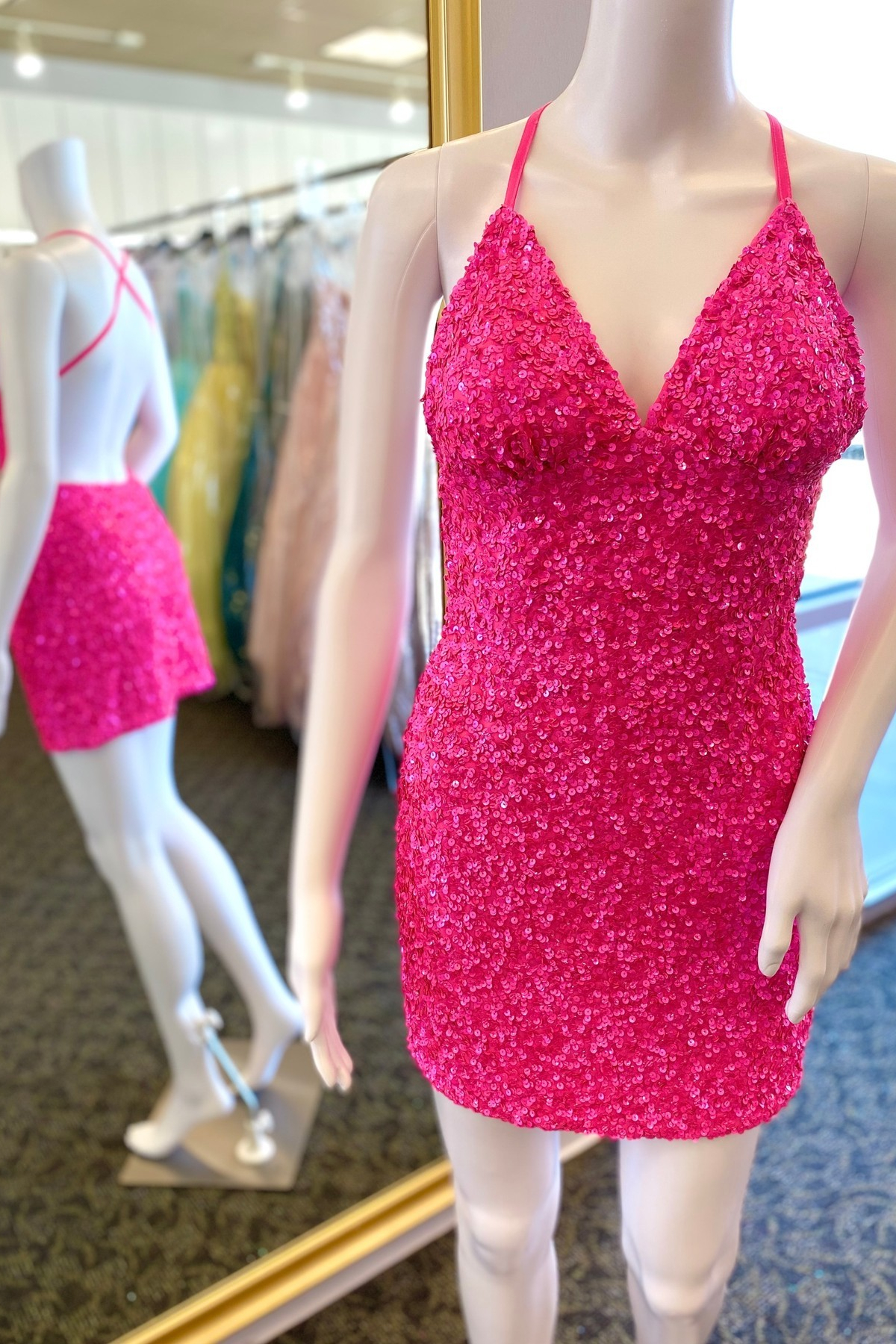 Straps Hot Pink Sequin Bodycon Mini Dress with Cross Back
