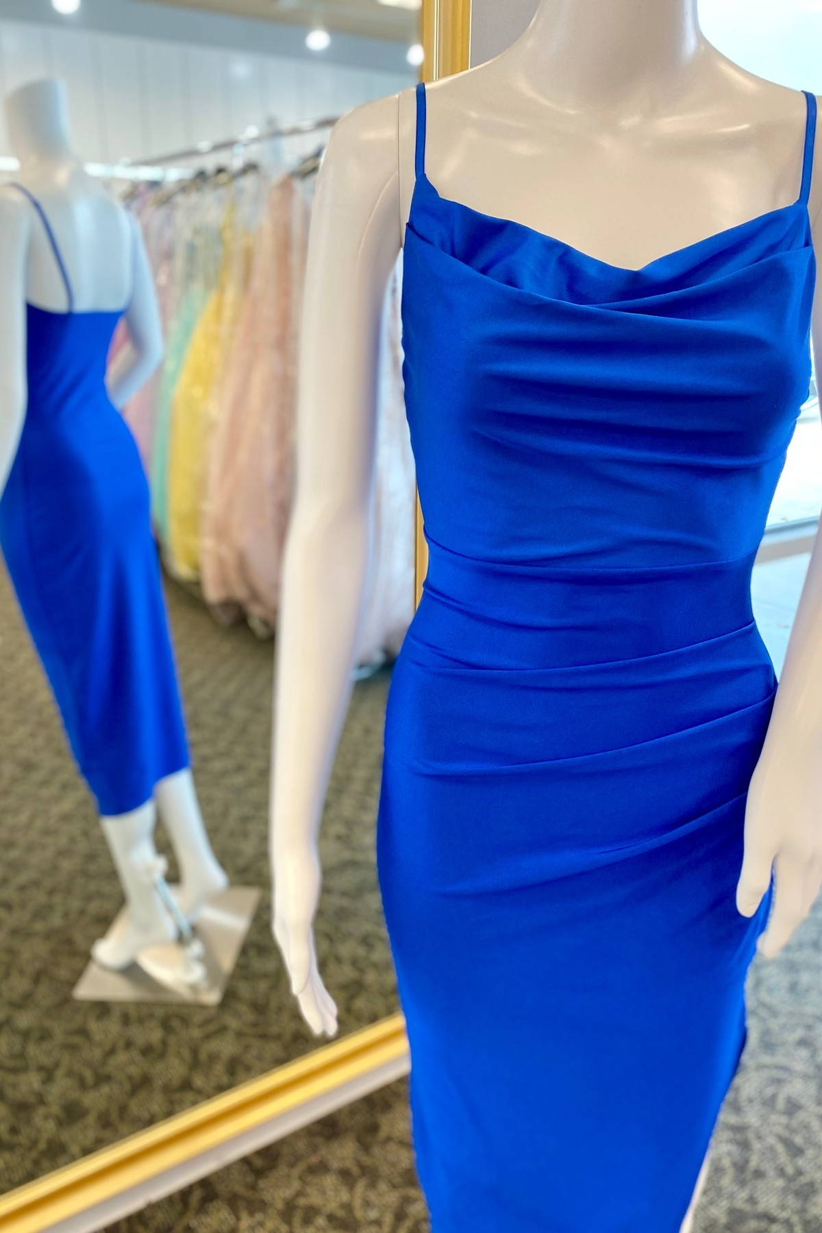Straps Royal Blue Cowl Neck Midi Length Dress