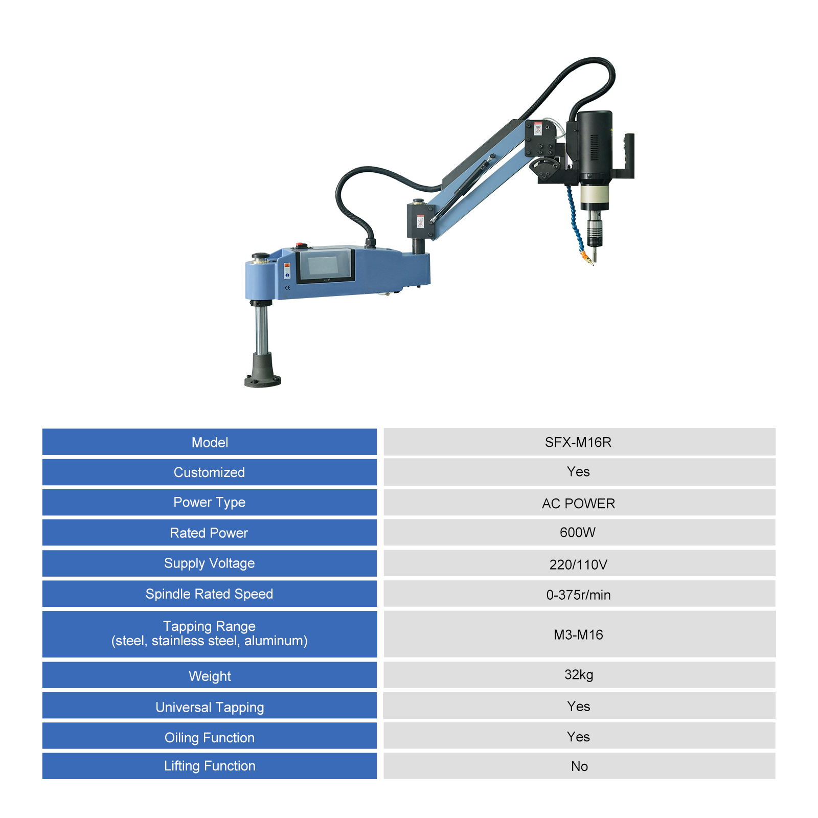 US Stock SFX-M16R Electric Tapping Machine Flexible Arm Automatic Threading With Servo Motor 360 Universal Electric Tapper Arm M3 M16 P5818526