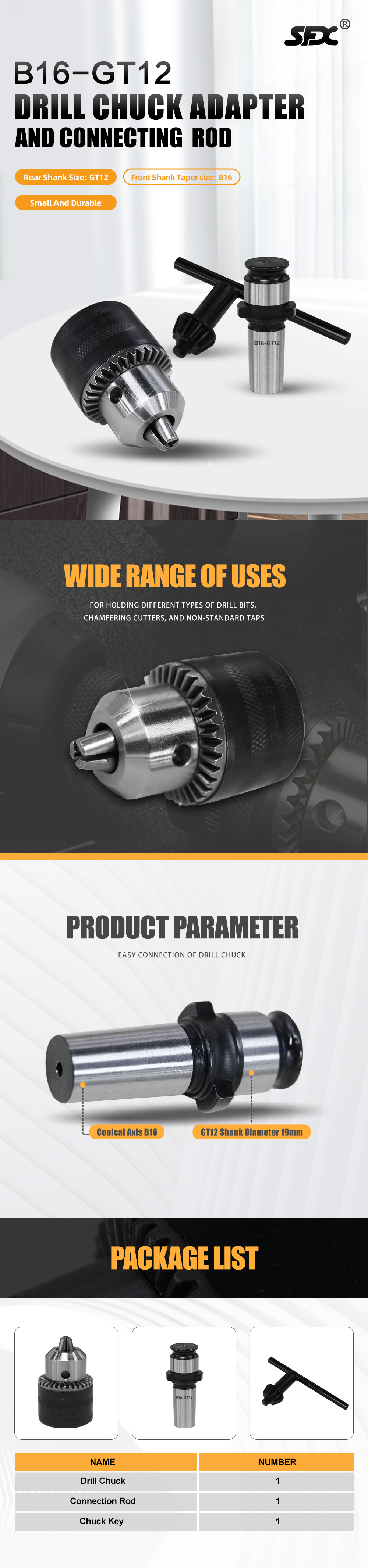 B16-GT12 Drill Chuck Adapter and Connecting Rod for SFX-M16R Electric Tapping Machine SFX-M16R Tapping Machine GT12 Drill Chuck Adapter and Connecting Rod