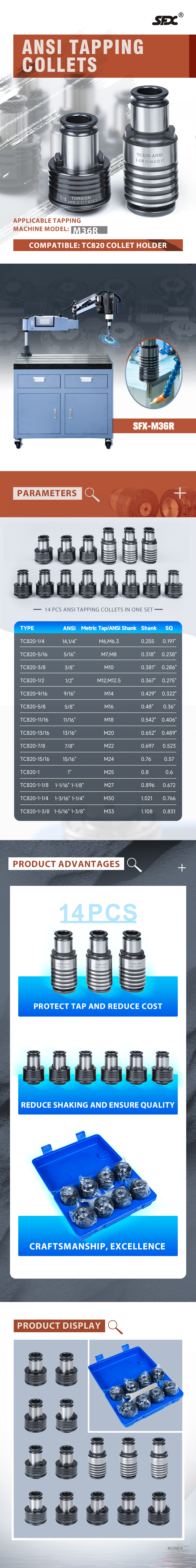 TC820 ANSI Tapping Collets for SFX-M36R Electric Tapping Machine TC820 ANSI Chucks for SFX-M36R Electric Tapping Machine