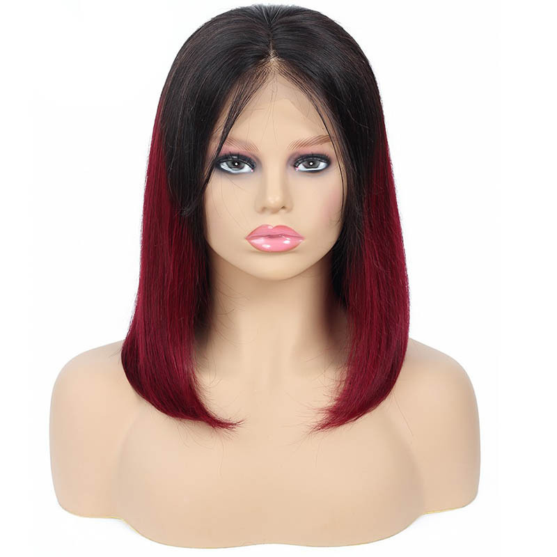 Straight T1B Burgundy Ombre Colored Short BOB Wigs,Remy Hair Lace Wig