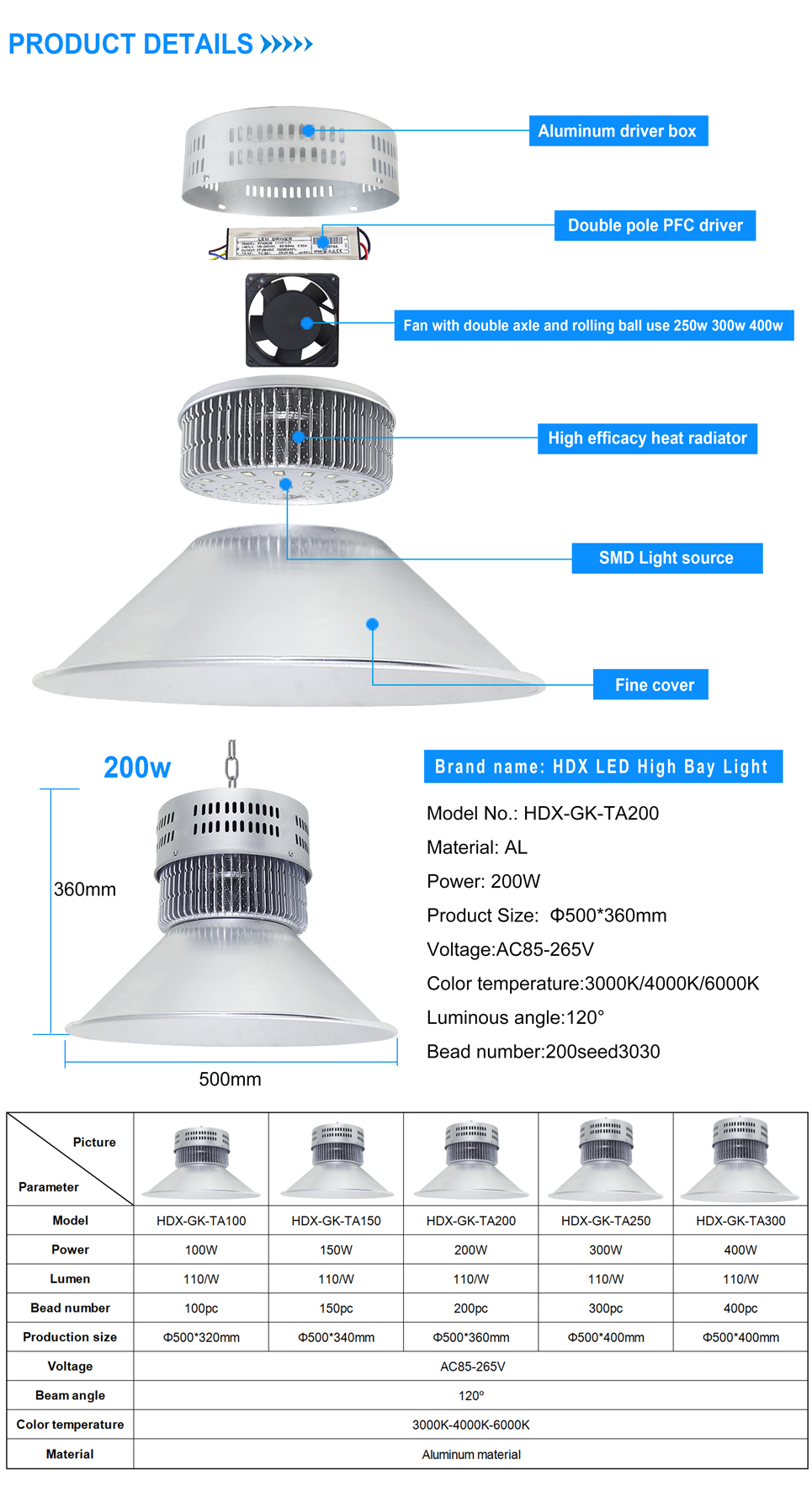Design nice price road project lamp high brightness 200w industrial Led high bay light