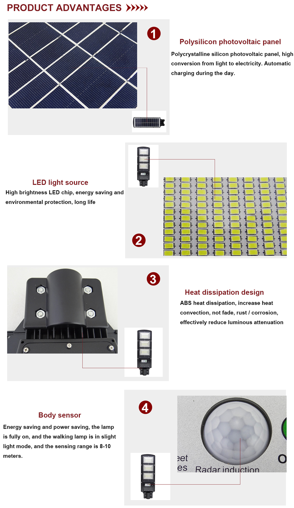 manufacturers lamparas garden outdoor lighting IP65 battery motion sensor integrated solar energy panel all in one 40w 60w led street lights