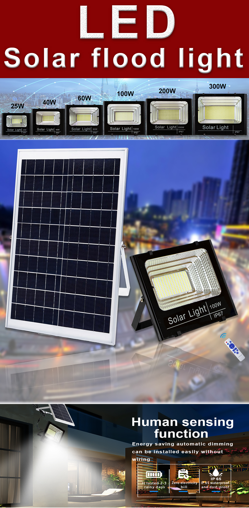 Best selling aluminum reflector polysilicon solar panels courtyard outdoor 25w 40w 60w 100w 200w 300w solar flood light