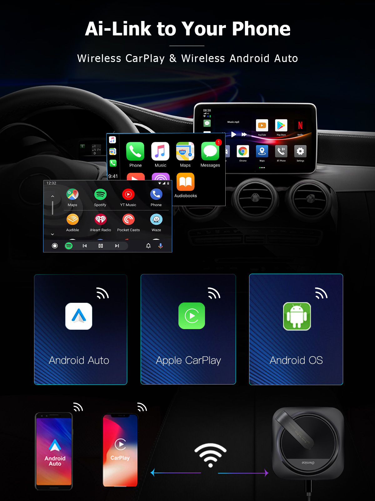Ownice A1 Na Filaire Vers Sans Fil Carplay Ai Box Sans Fil Android 11 Auto  Pour Pour Netflix Spotify Iptv  4g Lte Gps - Automobile - Temu