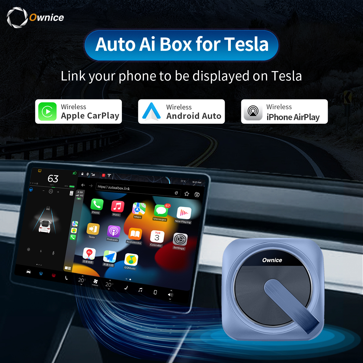 Wireless Ownice Carplay Android Auto for Tesla Connect Siri Assistant  Control Bluetooth for Spotify Waze Google Map No Need Sim
