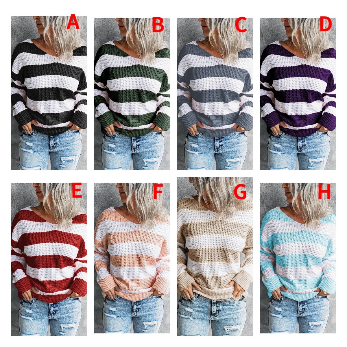 2021 Women's V-neck Stripe Stitched Knit Top Sweater C03656