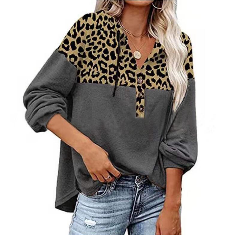 2021 Leopard Stitched Loose Casual Long Sleeve Hoodie Shirt C03666