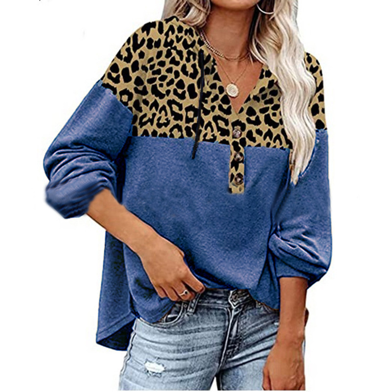 2021 Leopard Stitched Loose Casual Long Sleeve Hoodie Shirt C03666