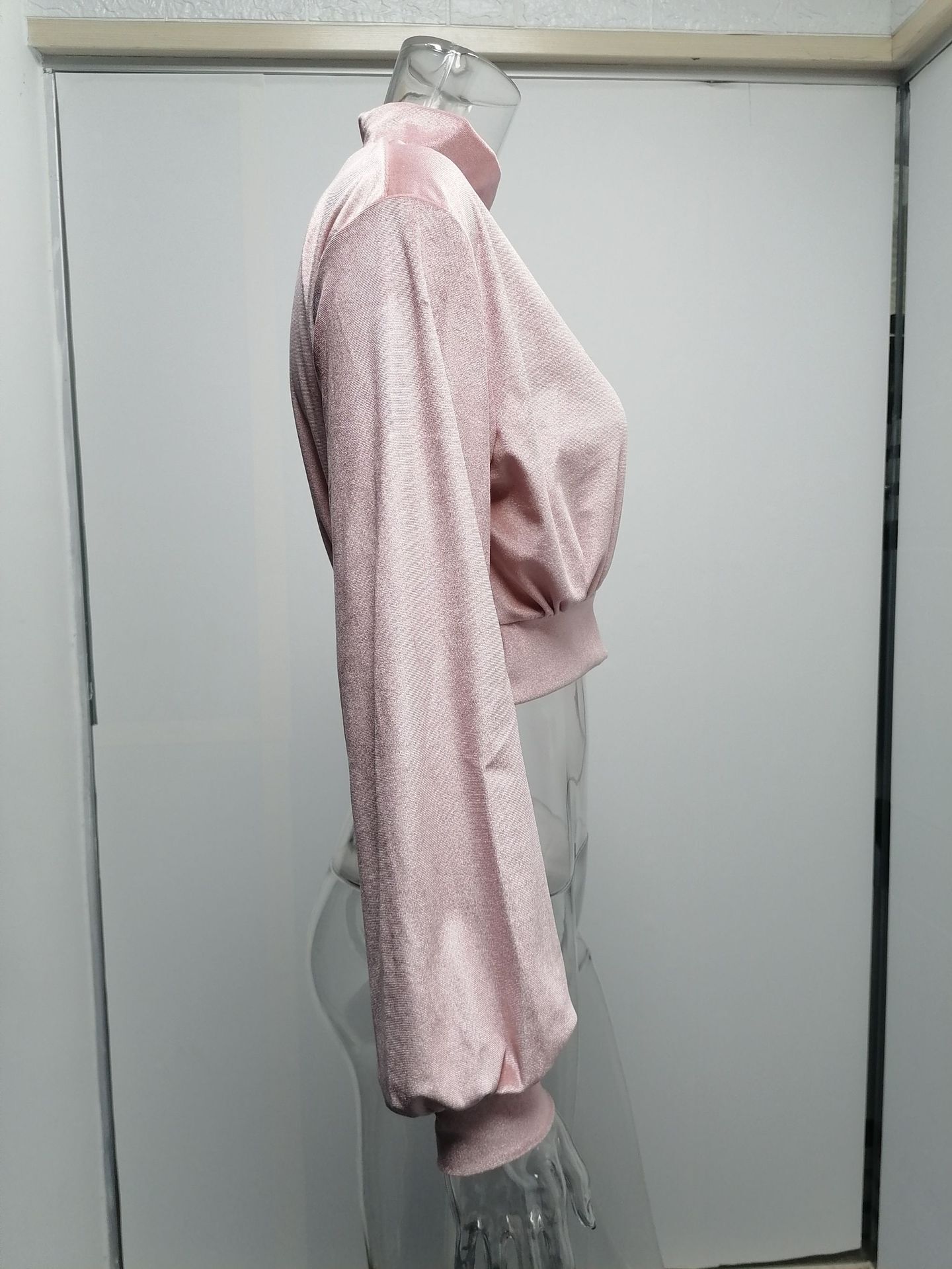 2021 Fashion High Neck Velvet Short Open Navel Thin Sweater Slim Long Sleeve Top C03670