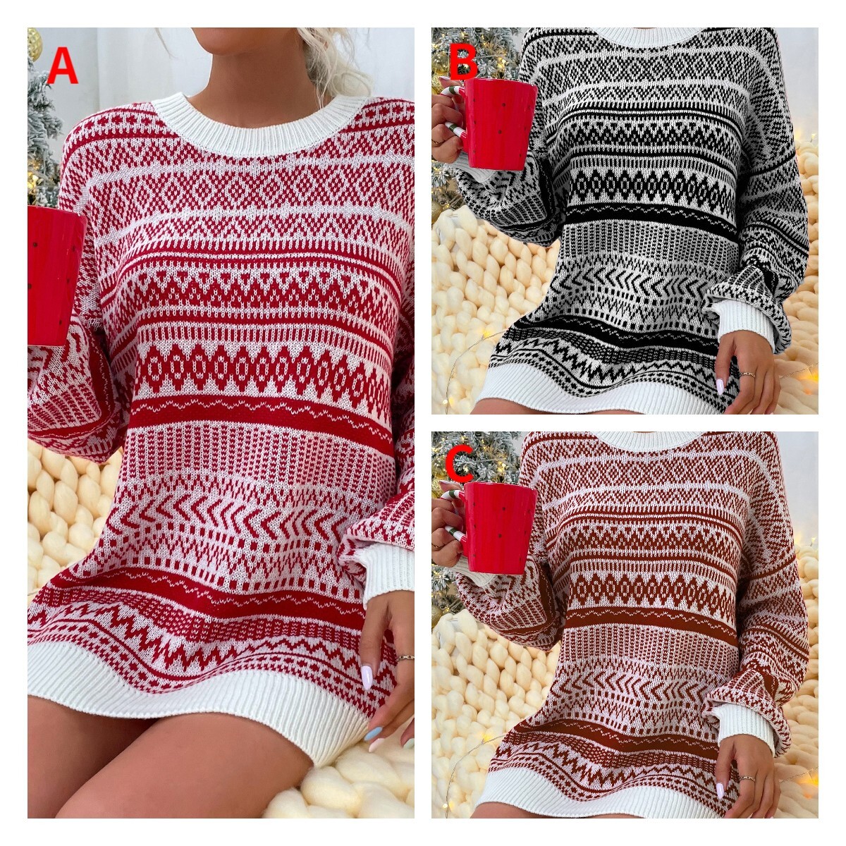 2021 Christmas Casual Loose Round Neck Wool Sweater Dress F01F592
