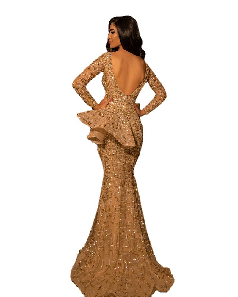 Unlimon 2021 Autumn New Women's Gold Stamping Long Sleeve Slim Sexy Long Skirt Temperament Evening Dress F03F063
