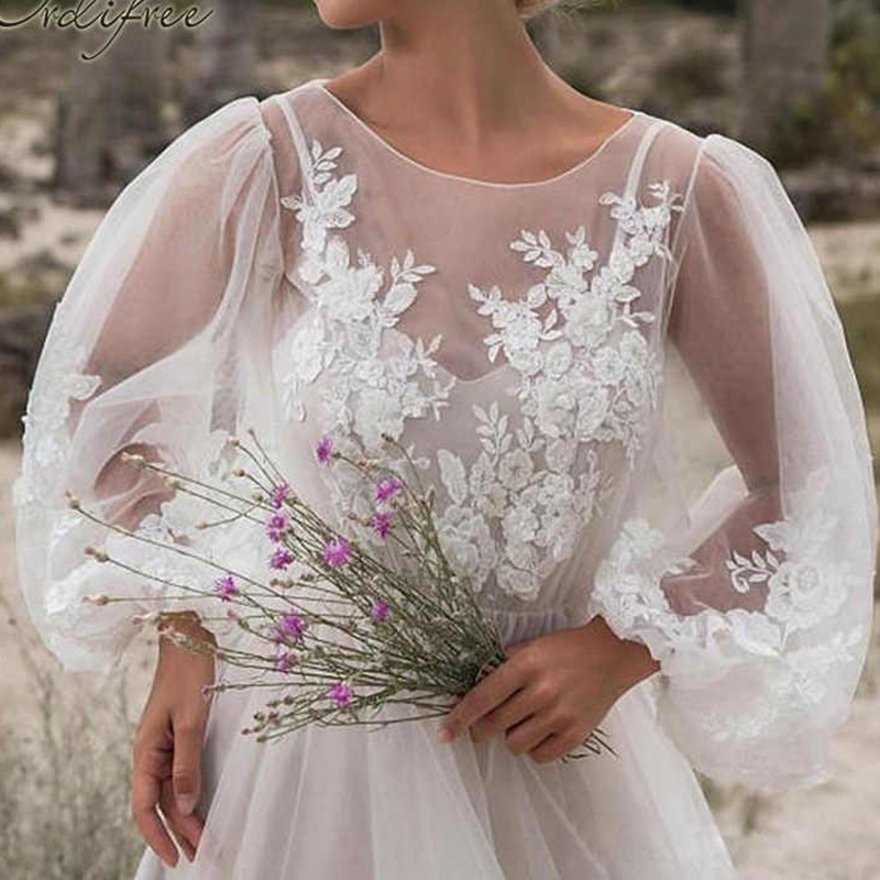 Unlimon 2021 New Round Neck Bubble Sleeve Mesh Embroidered Dress New Wedding Dress F03F001