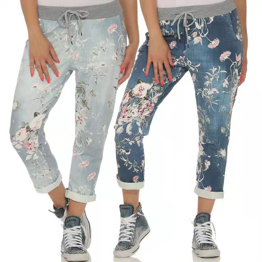 Unlimon 2021 New Hot Selling Fashion Personalized Denim Printed Elastic Casual Pants D01520