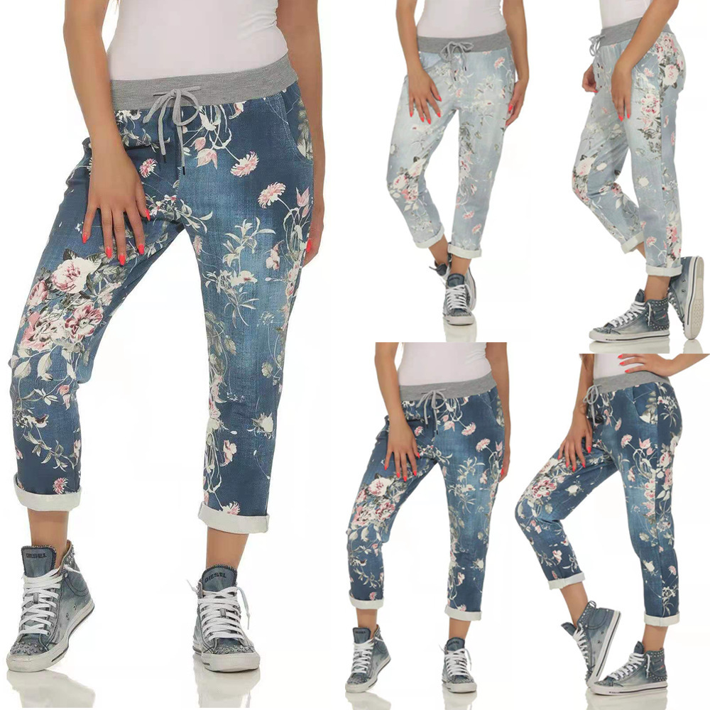 Unlimon 2021 New Hot Selling Fashion Personalized Denim Printed Elastic Casual Pants D01520