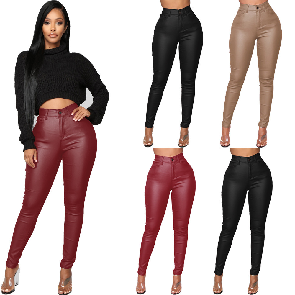 Unlimon 2021 Women's Autumn And Winter Fashion Solid Color Imitation Leather Button High Waist Tights Pencil Pants D01514